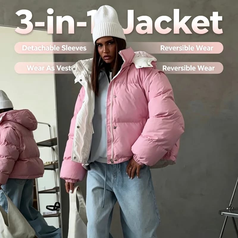 Women 3 in 1 Puffer Jacket Reversible Wear Detachable Sleeves Oversized Loose Fit Hooded Coat Casual Winter Ladies Outerwear