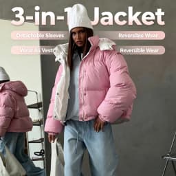 Women 3 in 1 Puffer Jacket Reversible Wear Detachable Sleeves Oversized Loose Fit Hooded Coat Casual Winter Ladies Outerwear