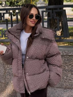 Casual Women's Printed Hooded Cotton Padded Coat Loose Long Detachable Sleeve Zipper Buttons Coats 2026 Winter Lady Warm Jacket