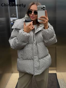 Casual Women's Printed Hooded Cotton Padded Coat Loose Long Detachable Sleeve Zipper Buttons Coats 2026 Winter Lady Warm Jacket