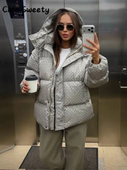 Casual Women's Printed Hooded Cotton Padded Coat Loose Long Detachable Sleeve Zipper Buttons Coats 2026 Winter Lady Warm Jacket