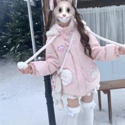 Japanese Kawaii Lolita Style Women Parka Harajuku Zippers Rabbit Ears Hooded Jacket Y2k Aesthetic Velvet Lined Down Padded Coat