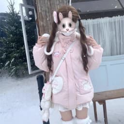 Japanese Kawaii Lolita Style Women Parka Harajuku Zippers Rabbit Ears Hooded Jacket Y2k Aesthetic Velvet Lined Down Padded Coat