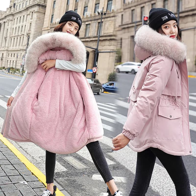 Women Hooded Parkas Coats Mid Lenth Jackets Oversize Solid Fur Collar Zipper Drawstring Loose Elegant Casual 2025 Autumn Winter