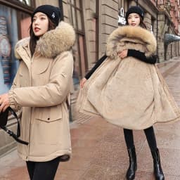 Women Hooded Parkas Coats Mid Lenth Jackets Oversize Solid Fur Collar Zipper Drawstring Loose Elegant Casual 2025 Autumn Winter