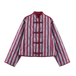 2026 Autumn Winter Women's Elegant Striped Warm Padded Parkas Coats Lady Vintage Chinese Knotted Buttons Loose Pocket Jackets