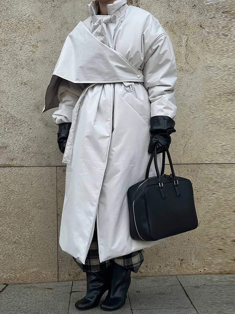 Women Detachable Triangle Shawl Long Puffer Coat Waist Tie Belted Stand Collar Oversize 2026 Casual Warm Winter Cotton Outerwear