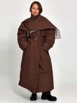 Women Detachable Triangle Shawl Long Puffer Coat Waist Tie Belted Stand Collar Oversize 2026 Casual Warm Winter Cotton Outerwear