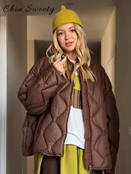 Casual Women's Quilted Cotton Padded Coats Loose O-neck Long Sleeve Zipper Female Coat 2026 Winter Lady Chic Warm Outwear