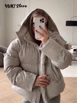 Winter Women's Cropped Padded Coats Hooded Stand Zip-up Full Sleeve Short Puffy Cotton Jacket 2026 Warm Casual Solid Outwear