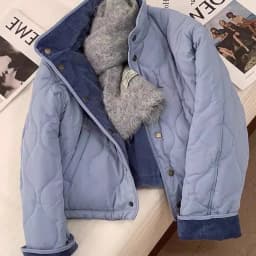 Women's Quilted Puffer Jacket with Corduroy Trim Stand Collar, Button Front, Cropped Lightweight Winter Coat