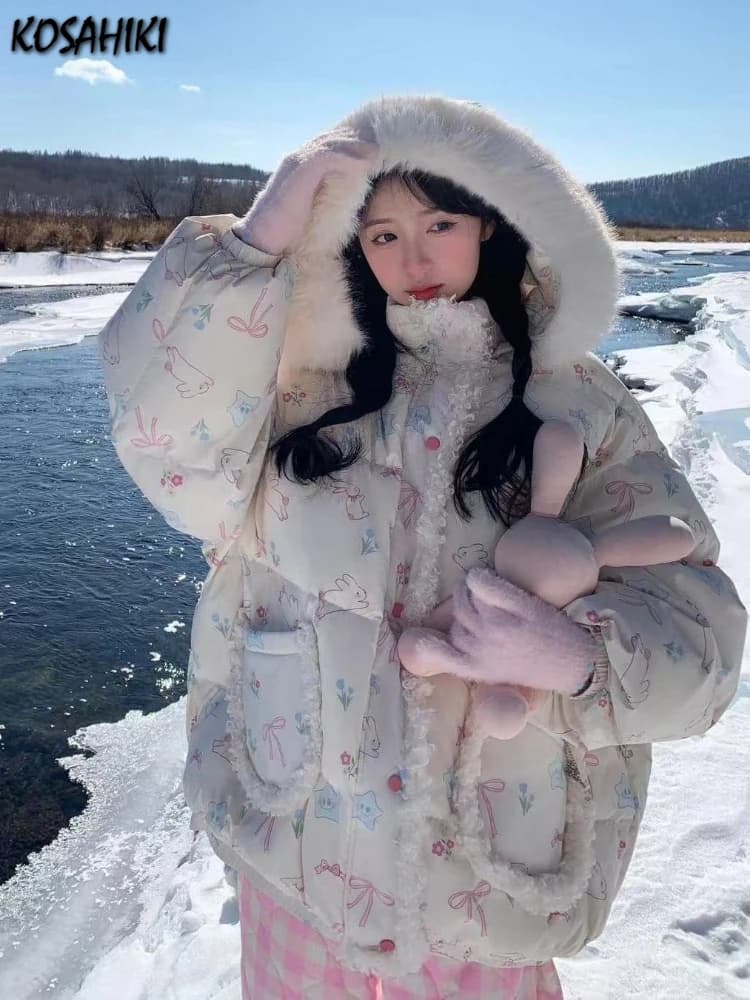 Y2k Aesthetic Cute Cartoon Hoodies Parkas Women Vintage Harajuku Casual Loose Coat Winter Warm Single Breasted Grunge Jacket