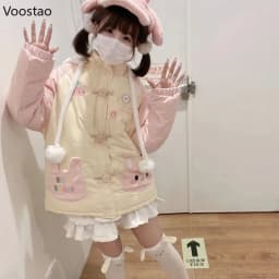 Y2k Cute Winter Cartoon Embroidery Lolita Parkas Women Kawaii Rabbit Ear Hooded Jacket Harajuku Zippers Loose Casual Padded Coat