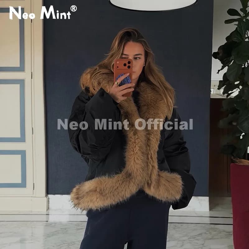 Neo Mint Cozy Girls Furry Shawl Collar Quilted Puffer Bomber Jacket Women Winter Hot Fashion Faux Fur Trim Parkas Coat Outerwear