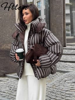 Casual Stripe Women's Padded Jacket Fashion Hooded Zipper Warm Thicken Lady Coats 2025 Autumn Winter Female Street Outwear New