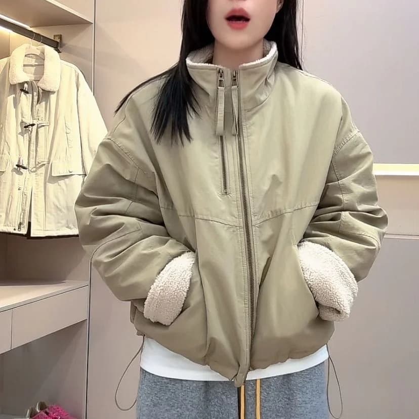Lamb Velvet Short Parka Coat Women's Winter Casual Loose Warm Cotton Jacket Female Fashionable Commute Style Zipper Closure