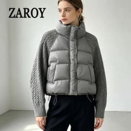 ZAROY Women Casual Puffer Jacket Autumn Knit Sleeve Patchwork Cotton Quilted Coat Stand Collar Trendy Winter Outerwear куртка