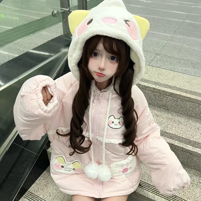 Japanese Kawaii Cartoon Embroidery Parkas Coat Women Sweet Plush Ball Cat Ears Hooded Jackets Y2k Winter Warm Lolita Padded Tops