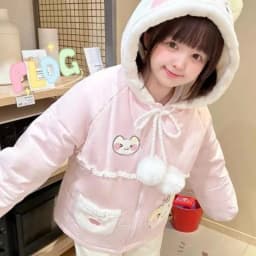 Japanese Kawaii Cartoon Embroidery Parkas Coat Women Sweet Plush Ball Cat Ears Hooded Jackets Y2k Winter Warm Lolita Padded Tops