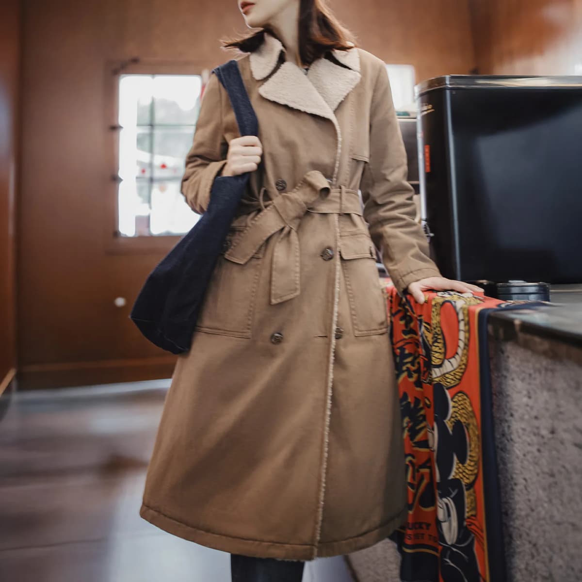 Maden Women's Long Trench Coat Double-Breasted Belted Warm Wool-Like Lining Vintage Cotton Twill Autumn Winter Outerwear