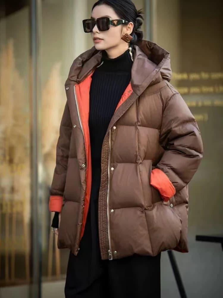 Winter Puff Hooded Patchwork Mid Length Down Jacket Women White Duck Down Fluffy Down Jackets Female Zipper Warm Parker Outwears