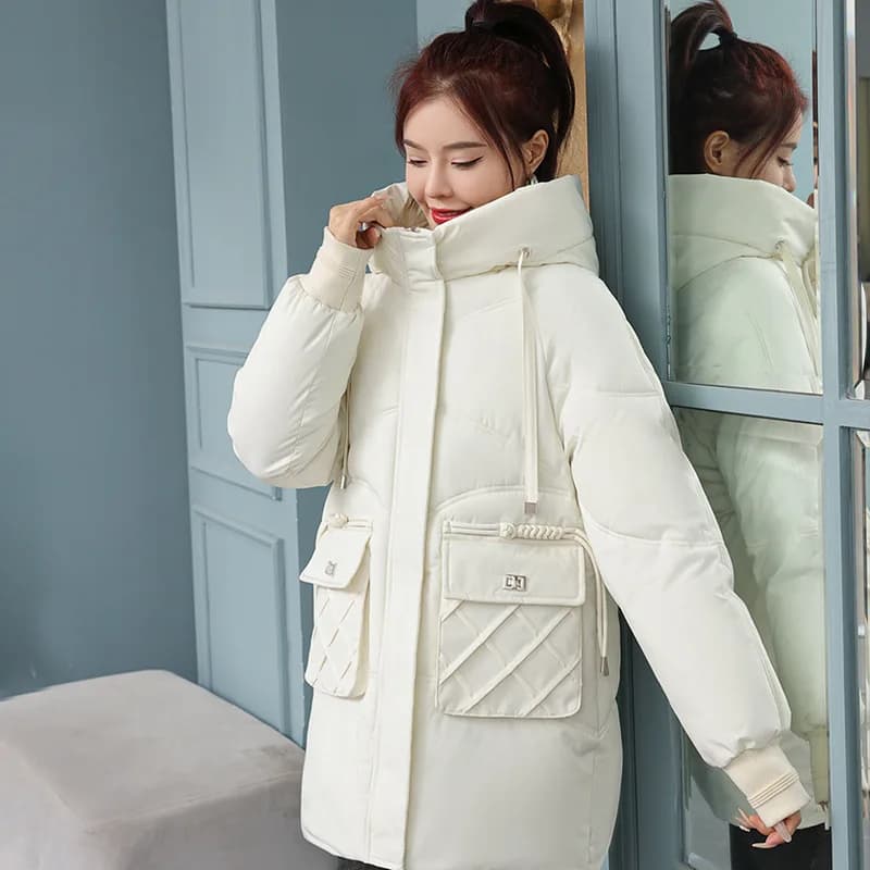 Korean Fashion Autumn Winter 2025 New Women's Down Cotton Jacket Fashion Hooded Leisure Coat Mid length Women Overcoat