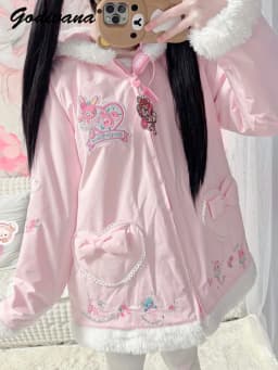 New Winter Sweet Cute Girl Butterfly Knot Heart Hooded Fur Collar Cotton-padded Jacket Women's Thickened Warm Parkas Coat