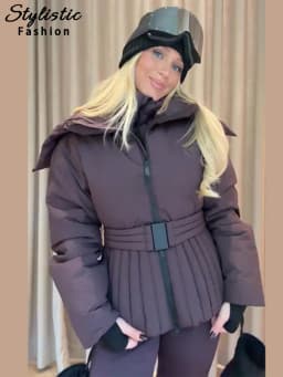 Hooded Skiing Coats Women Solid Stand Collar Belts Pleated Zippers Full Sleeve Thicken Cotton Jacket 2026 Winter Lady Outwears