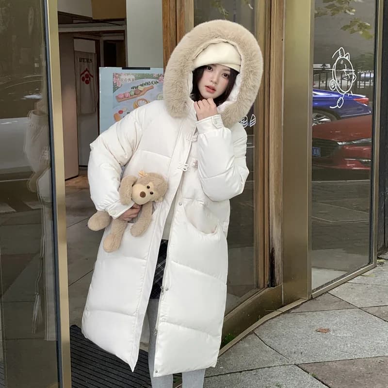 Winter Women Hooded Large Faux Fur Collar Coats Loose Windproof Thick Warm Parkas Zipper Pockets Knee Length Padded Outerwear