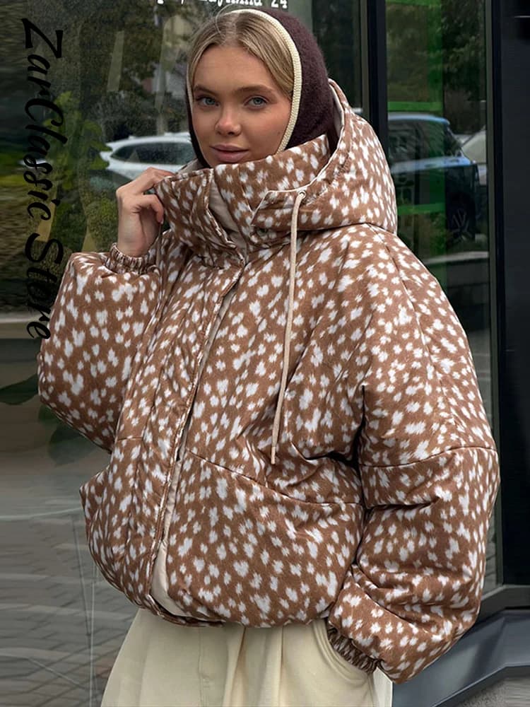 Reversible Spot Printed Women's Winter Jacket Hooded Full Sleeve Loose Cropped Padded Coats New Casual Warm Outwear 2026
