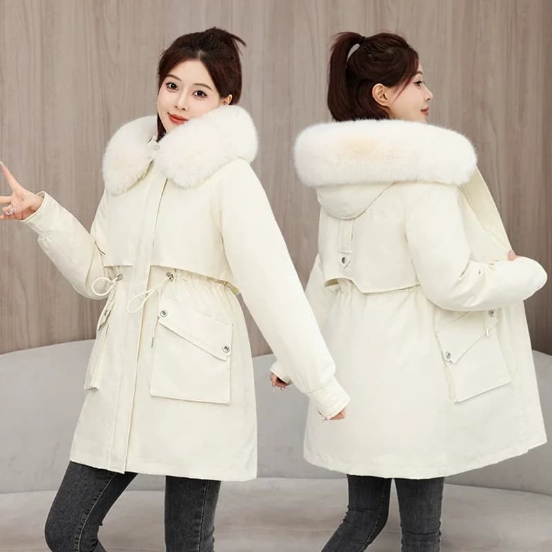 2026 New Winter Coat Down Padded Jacket Women Parkas Fur Collar Thick Hooded Cotton Coats Black Casual Outerwear Female Clothes