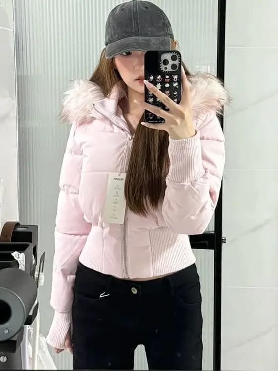 Women's Slim Fit Cotton Jacket Hooded Coat Pink Velvet Big Fur Collar Winter New Style Warm Outerwear Zipper Closure Short Le...
