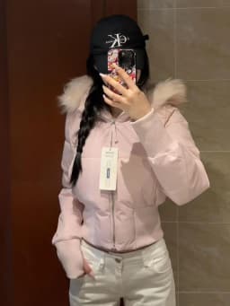 Women's Slim Fit Cotton Jacket Hooded Coat Pink Velvet Big Fur Collar Winter New Style Warm Outerwear Zipper Closure Short Le...