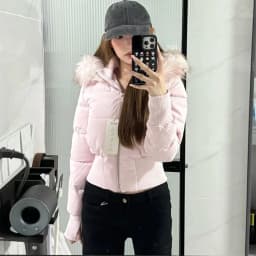 Women's Slim Fit Cotton Jacket Hooded Coat Pink Velvet Big Fur Collar Winter New Style Warm Outerwear Zipper Closure Short Le...