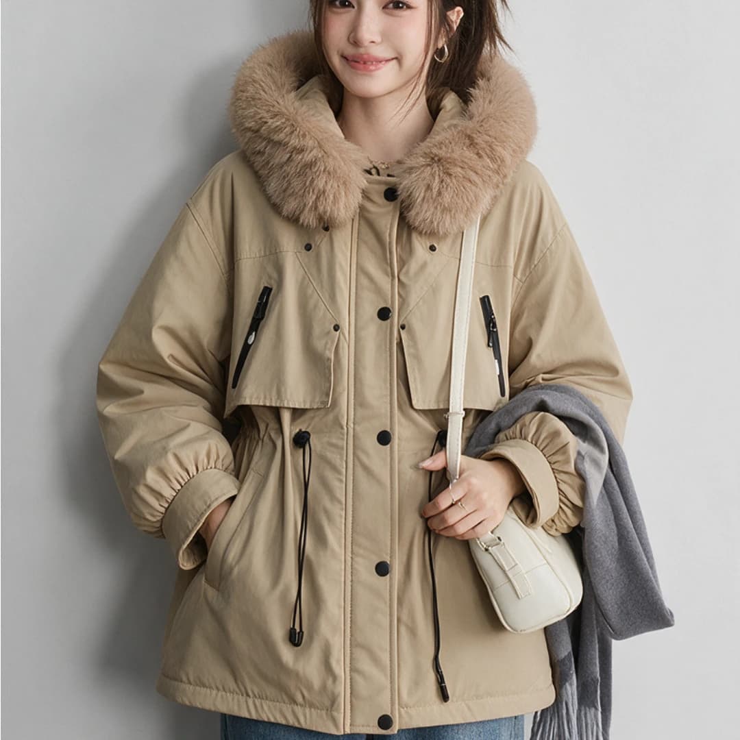 Women Winter Hooded Parka Big Faux Fur Collar Drawstring Waist Midi Padded Coat Korean Style Windproof Pocket Warm Outerwear