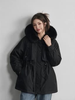 Women Winter Hooded Parka Big Faux Fur Collar Drawstring Waist Midi Padded Coat Korean Style Windproof Pocket Warm Outerwear