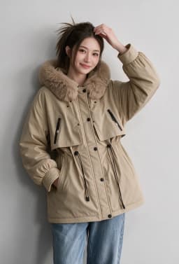 Women Winter Hooded Parka Big Faux Fur Collar Drawstring Waist Midi Padded Coat Korean Style Windproof Pocket Warm Outerwear