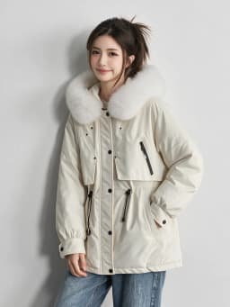 Women Winter Hooded Parka Big Faux Fur Collar Drawstring Waist Midi Padded Coat Korean Style Windproof Pocket Warm Outerwear