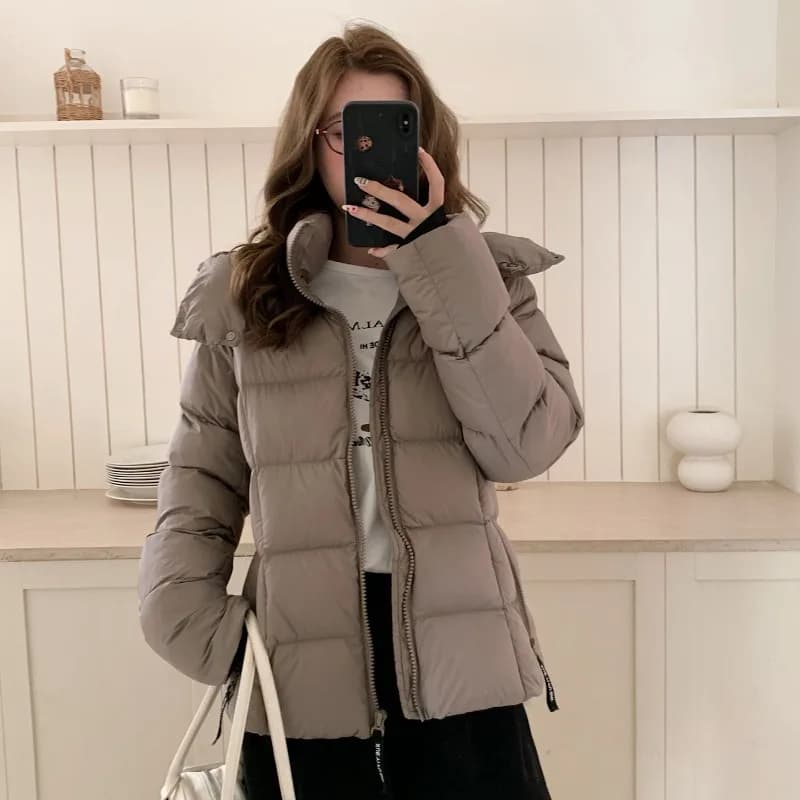 Winter Solid Color Long-sleeved Short Fur Collar Hooded Down Jacket Korean Women's Holiday Fashion Versatile and Thin Coat
