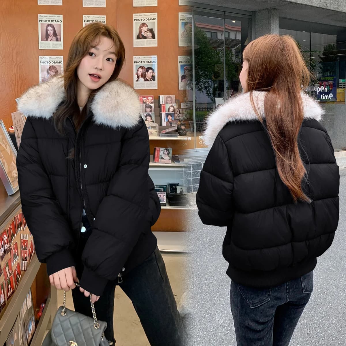 Korean Version Fashion Gray Long-sleeved Short Down Cotton Clothes Women's Winter New Removable Fur Collar Splicing Warm Jacket