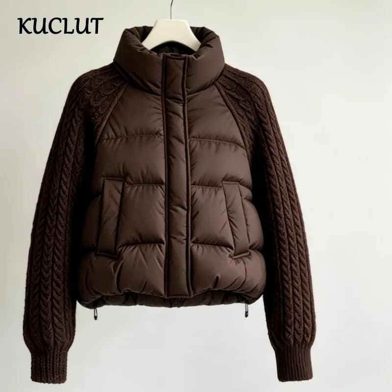 KUCLUT 2026 Winter New Fashion Knitted Patchwork Sleeve Short Cotton Jacket For Women Stand Collar Loose Short Coat 1A4295