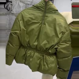 Back Half Zip Women's Winter Puffer Jackets Elastic Waist Ruffle Hem Cropped Padded Coat Loose Long Sleeve Warm Outerwear