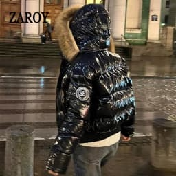 ZAROY Shiny Puffer Jacket Women Winter Fur Collar Hooded Thick Warm Cotton Short Coat Waterproof Y2K Vintage Badge Parkas куртка