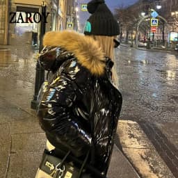 ZAROY Shiny Puffer Jacket Women Winter Fur Collar Hooded Thick Warm Cotton Short Coat Waterproof Y2K Vintage Badge Parkas куртка
