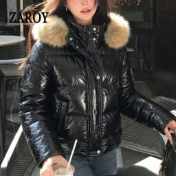 ZAROY Shiny Puffer Jacket Women Winter Fur Collar Hooded Thick Warm Cotton Short Coat Waterproof Y2K Vintage Badge Parkas куртка