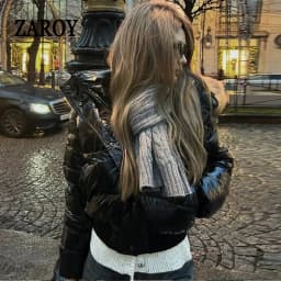 ZAROY Shiny Puffer Jacket Women Winter Fur Collar Hooded Thick Warm Cotton Short Coat Waterproof Y2K Vintage Badge Parkas куртка