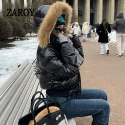 ZAROY Shiny Puffer Jacket Women Winter Fur Collar Hooded Thick Warm Cotton Short Coat Waterproof Y2K Vintage Badge Parkas куртка