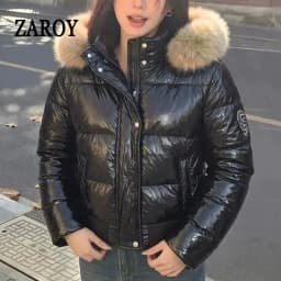 ZAROY Shiny Puffer Jacket Women Winter Fur Collar Hooded Thick Warm Cotton Short Coat Waterproof Y2K Vintage Badge Parkas куртка