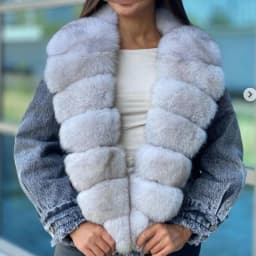 Denim Coat with Real Large Fox Fur Collar for Women, Furry Jacket, Fluffy Suit, Luxurious Brown and Yellow Coat, Winter Fashion