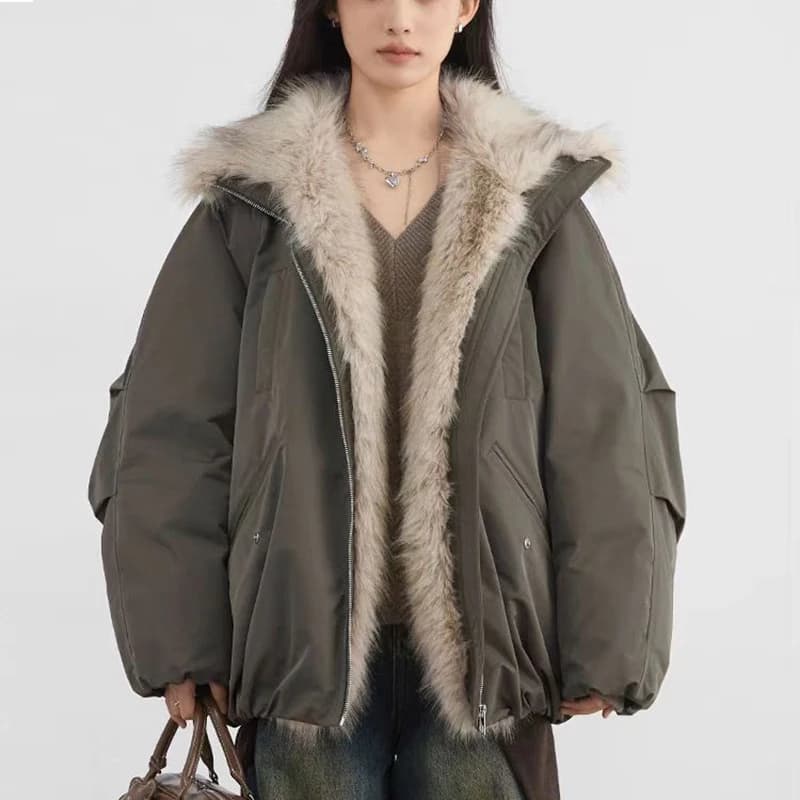 American Retro Faux Fur Trim Padded Parka Women Winter Tulip Hem Thicken Warm Outerwear Female Loose Zip Up Casual Cotton Jacket